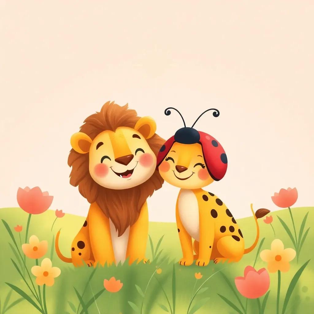 Leo the lion and Lila the ladybug, smiling together as friends in the bright glade, a sparkling sun above them, warm colors, joyful feeling, high quality