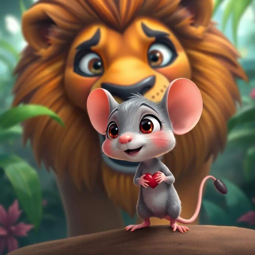 A little mouse, small and cute, shaking with fear in front of a roaring lion, with wide eyes and a tiny heart, jungle backdrop, detailed illustration, vibrant and intense colors, child-friendly