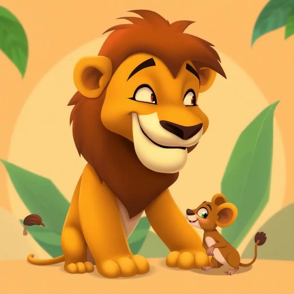 The lion, looking amused, chuckling at the tiny mouse, with jungle leaves behind them, playful and light-hearted, digital illustration, warm tones, whimsical style, high quality