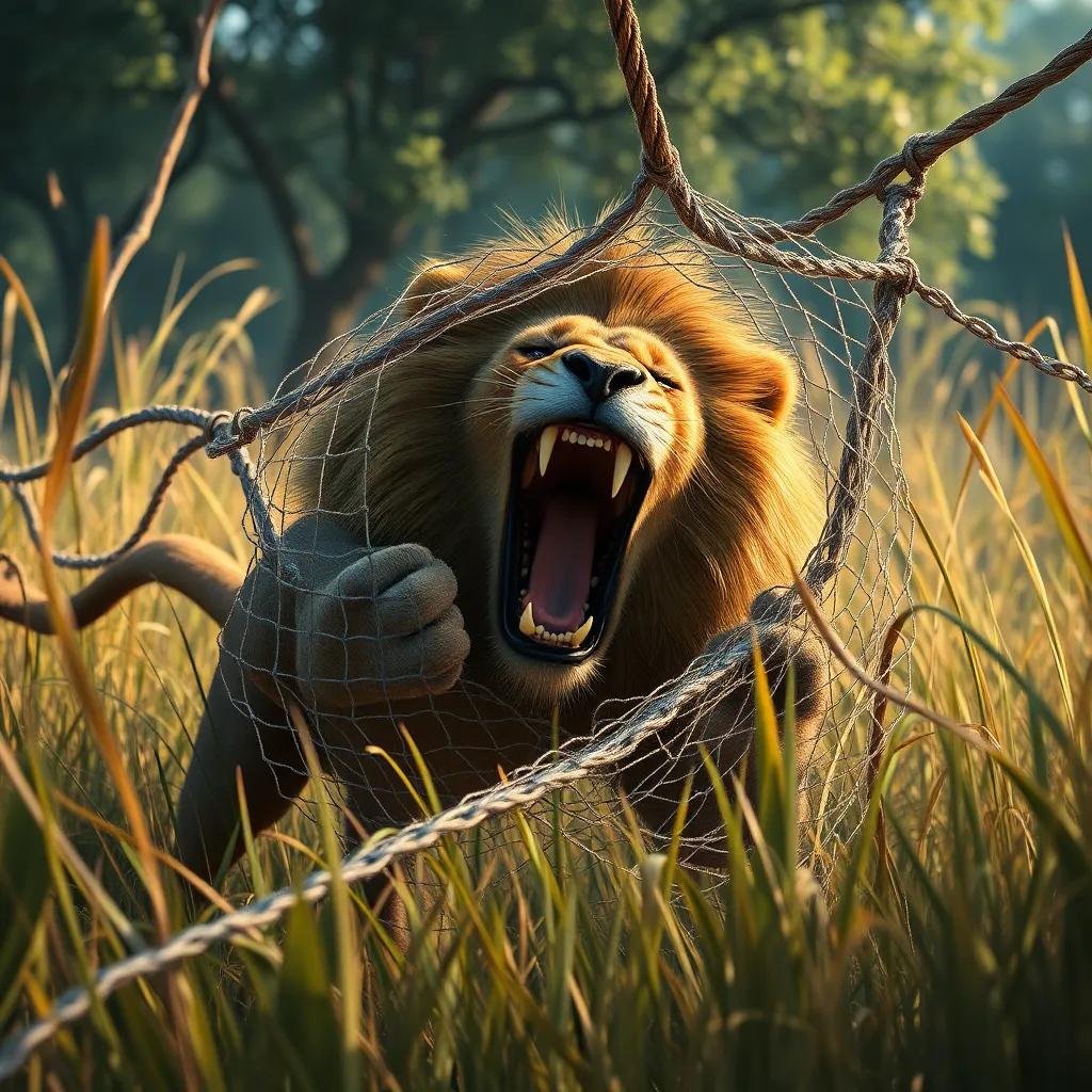 A detailed scene of the lion caught in a large net, struggling to break free, surrounded by tall grass and trees, colors emphasizing urgency, digital art, dramatic lighting, realistic quality