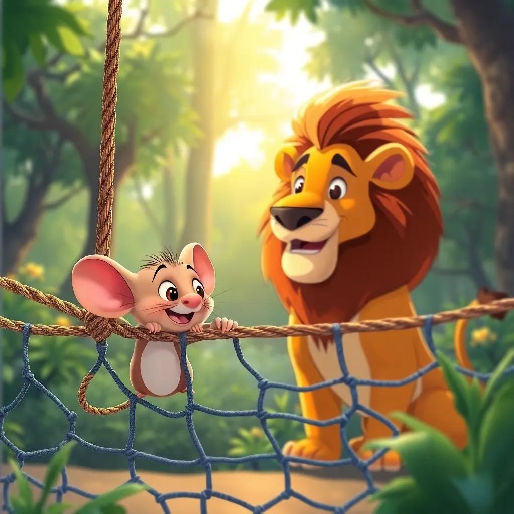 The little mouse, determined and brave, gnawing at the ropes of the net, with the lion looking hopeful, bright light filtering through the trees, inspiring scene, cheerful illustration, vibrant colors
