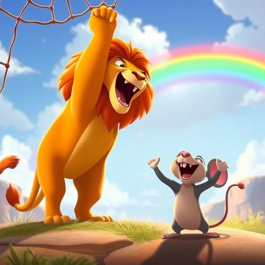 An epic moment of the lion standing tall, free from the net, with the mouse cheering joyfully, a rainbow in the sky, signifying friendship, bright and colorful, joyful atmosphere, high quality