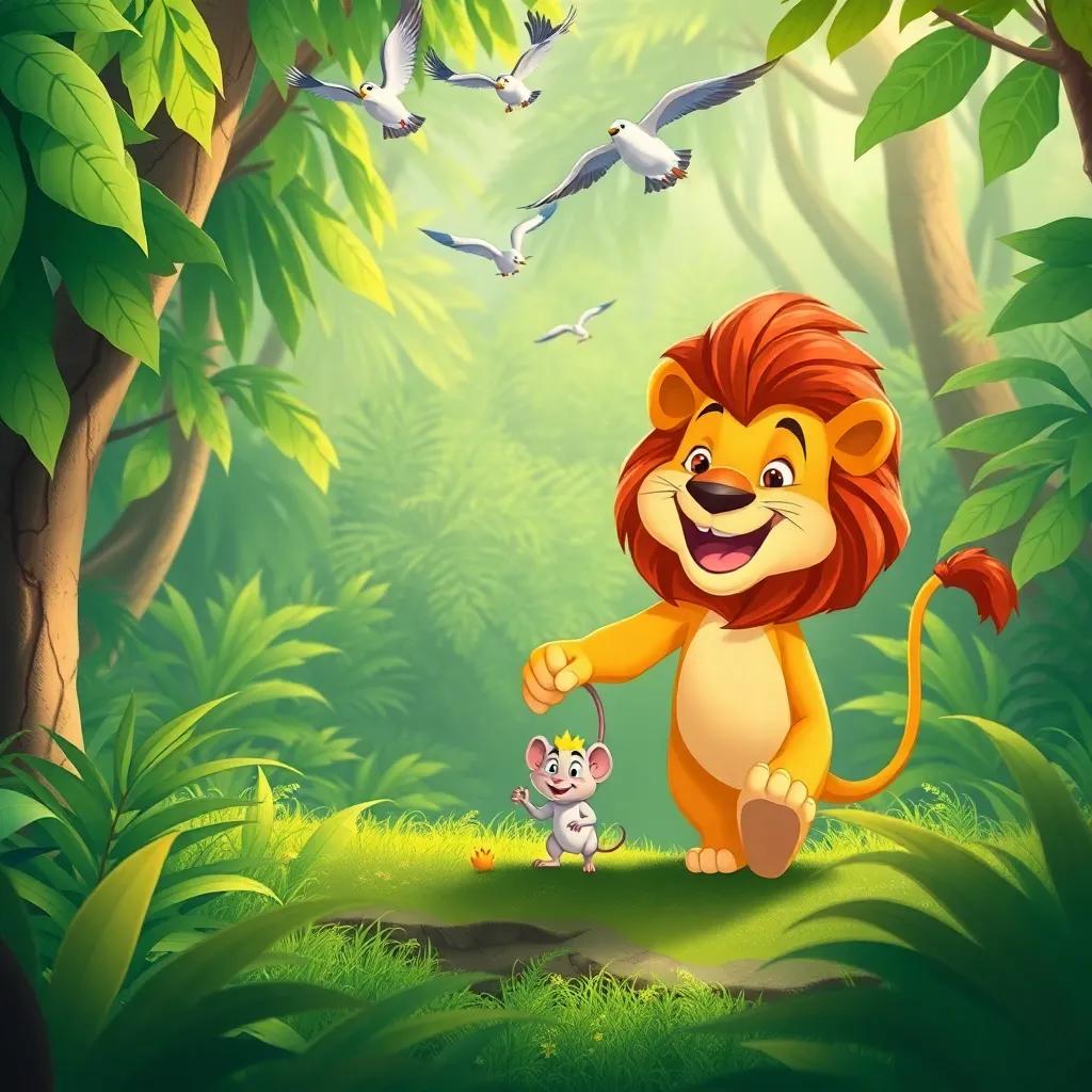 The lion and the mouse, hand in hand, exploring the jungle together in joyful adventure, birds flying above them, lush and vibrant jungle scenery, cheerful digital illustration, bright and heartwarming