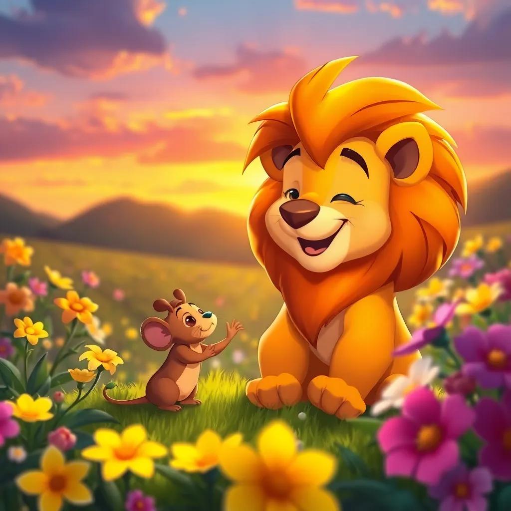 A heartwarming scene of the lion and mouse under the sunset, surrounded by flowers, expressing friendship and kindness, beautiful colors, peaceful atmosphere, high quality, digital art
