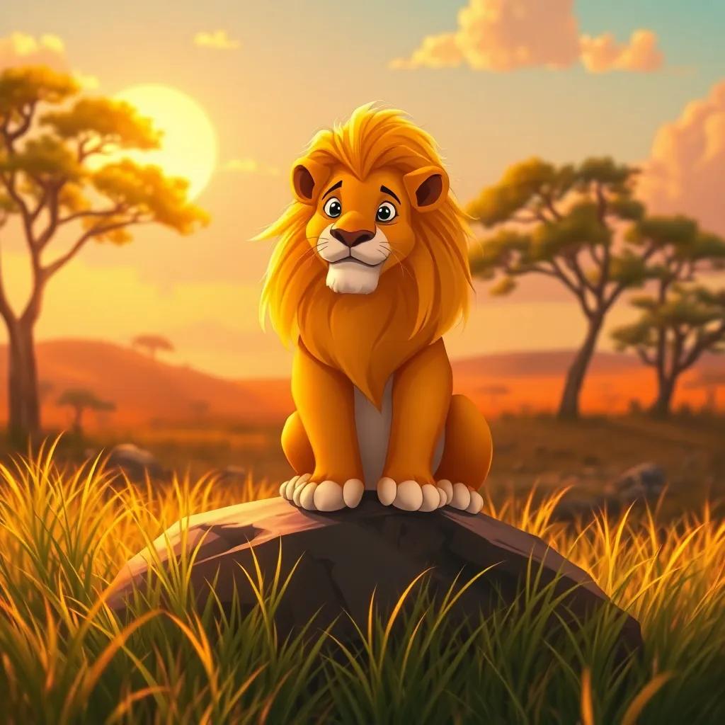 A proud lion sitting majestically on a rock in a sunlit savannah, its golden mane flowing in the warm breeze, surrounded by tall grass and trees, digital art, vibrant colors, warm light, inviting atmosphere, highly detailed, storybook style