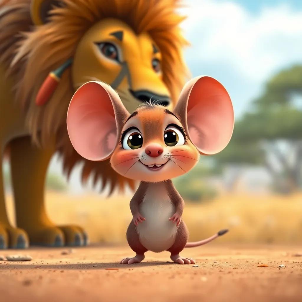A tiny brown mouse with large ears, standing bravely before the lion in the savannah, looking up with wide eyes and a twitching nose, cheerful, colorful, cartoon style, high quality