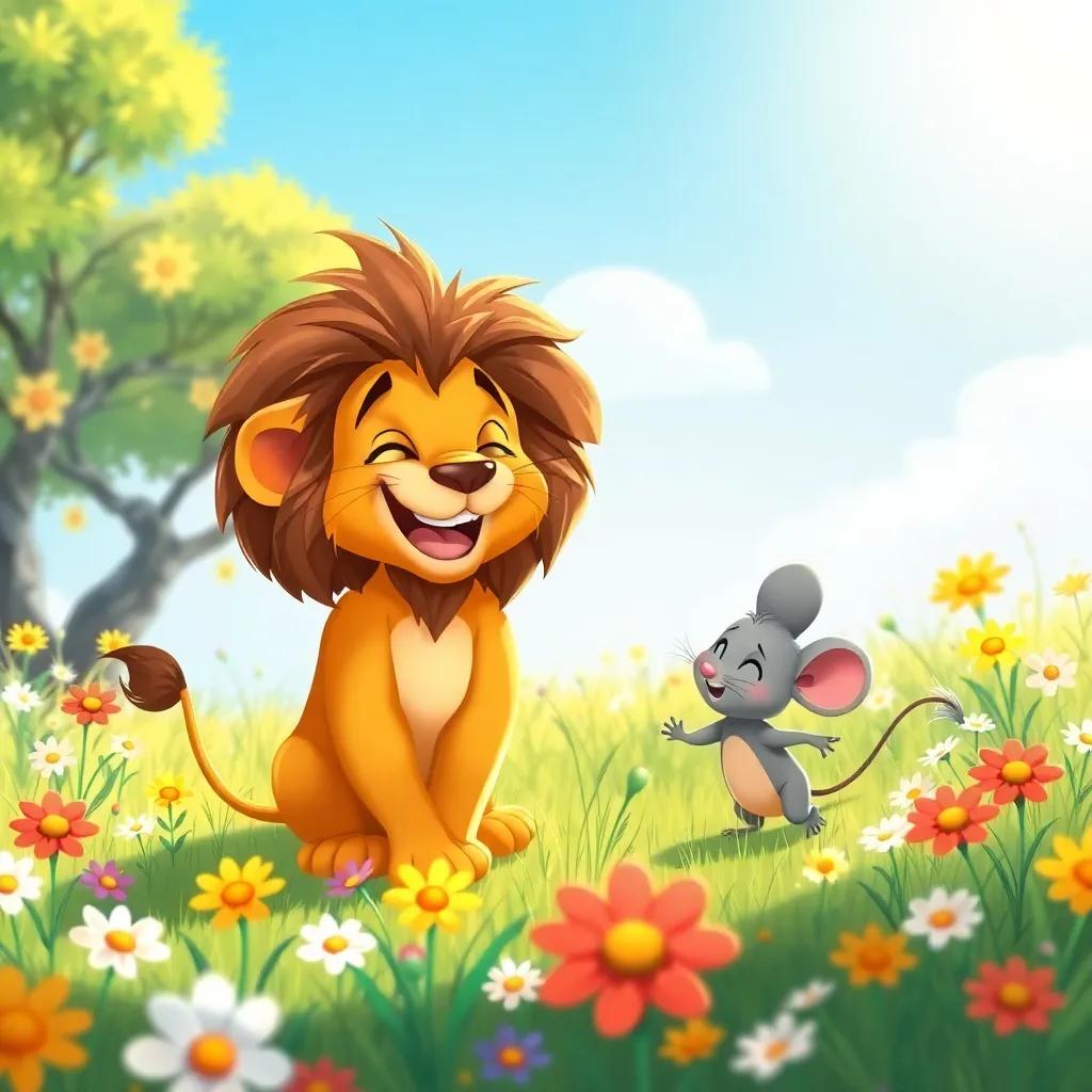 The lion and the mouse playing together in a sunny meadow filled with flowers, the lion laughing joyfully while the mouse runs around, bright colors, friendly atmosphere, child-friendly illustration