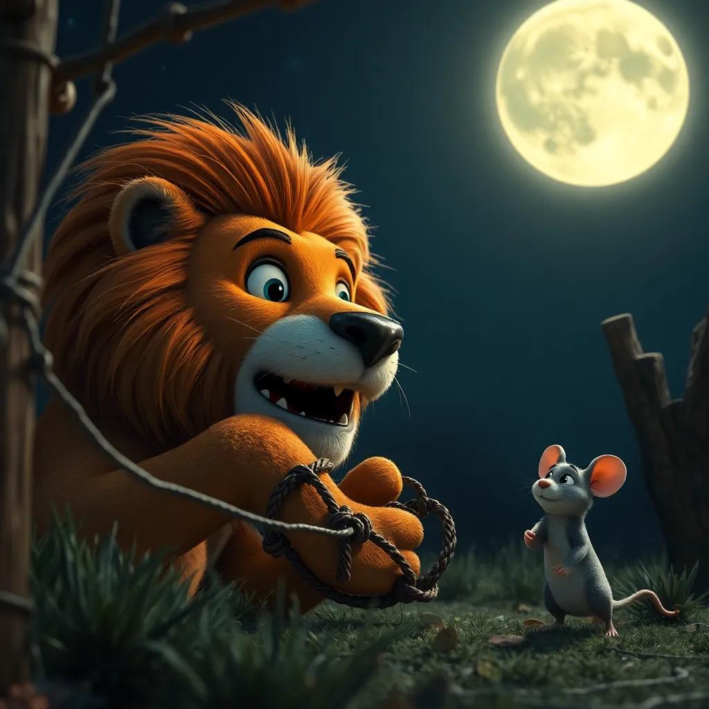 A nighttime scene with the lion caught in a trap, a rusted metal snare around its paw, the moon shining brightly above, with the mouse looking determined, dramatic lighting, clear focus, child-appropriate fantasy style