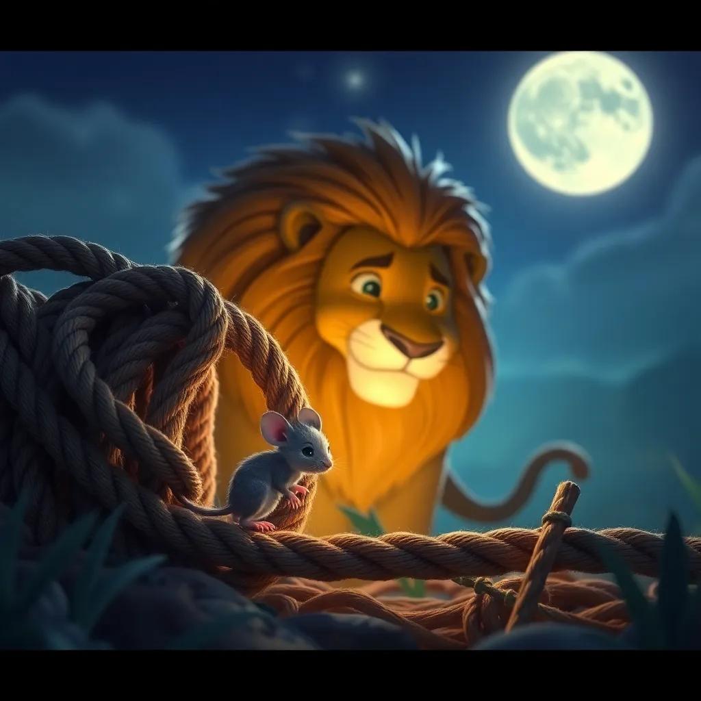 The tiny mouse nibbling through the ropes of the trap, the lion watching with hope, surrounded by a soft glow of moonlight, animated style, uplifting colors, heartwarming scene, storytelling vibe
