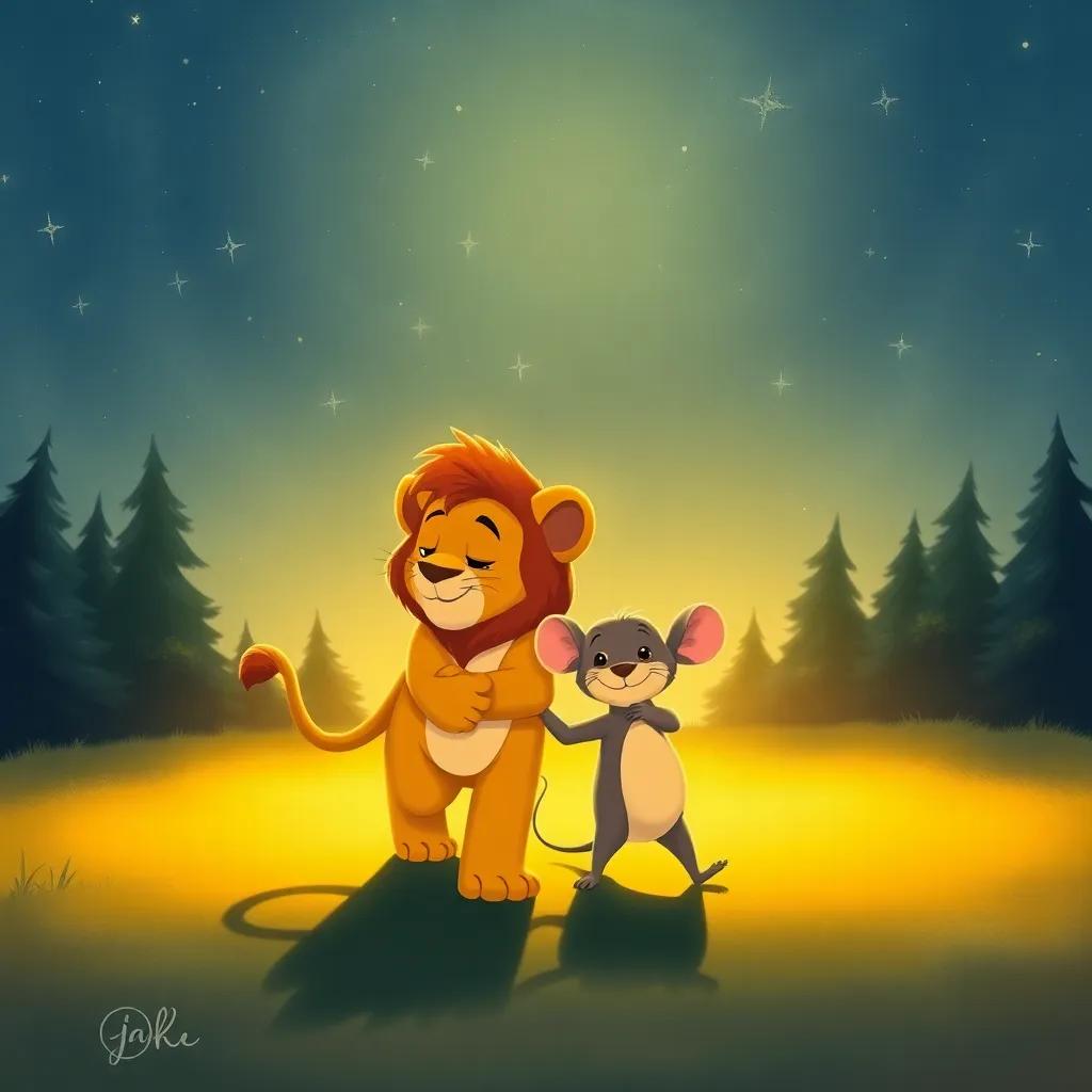 The lion and the mouse walking side by side under a starlit sky, sharing a friendly embrace, with a backdrop of trees and twinkling stars, peaceful and warm colors, beautifully illustrated, touching scene