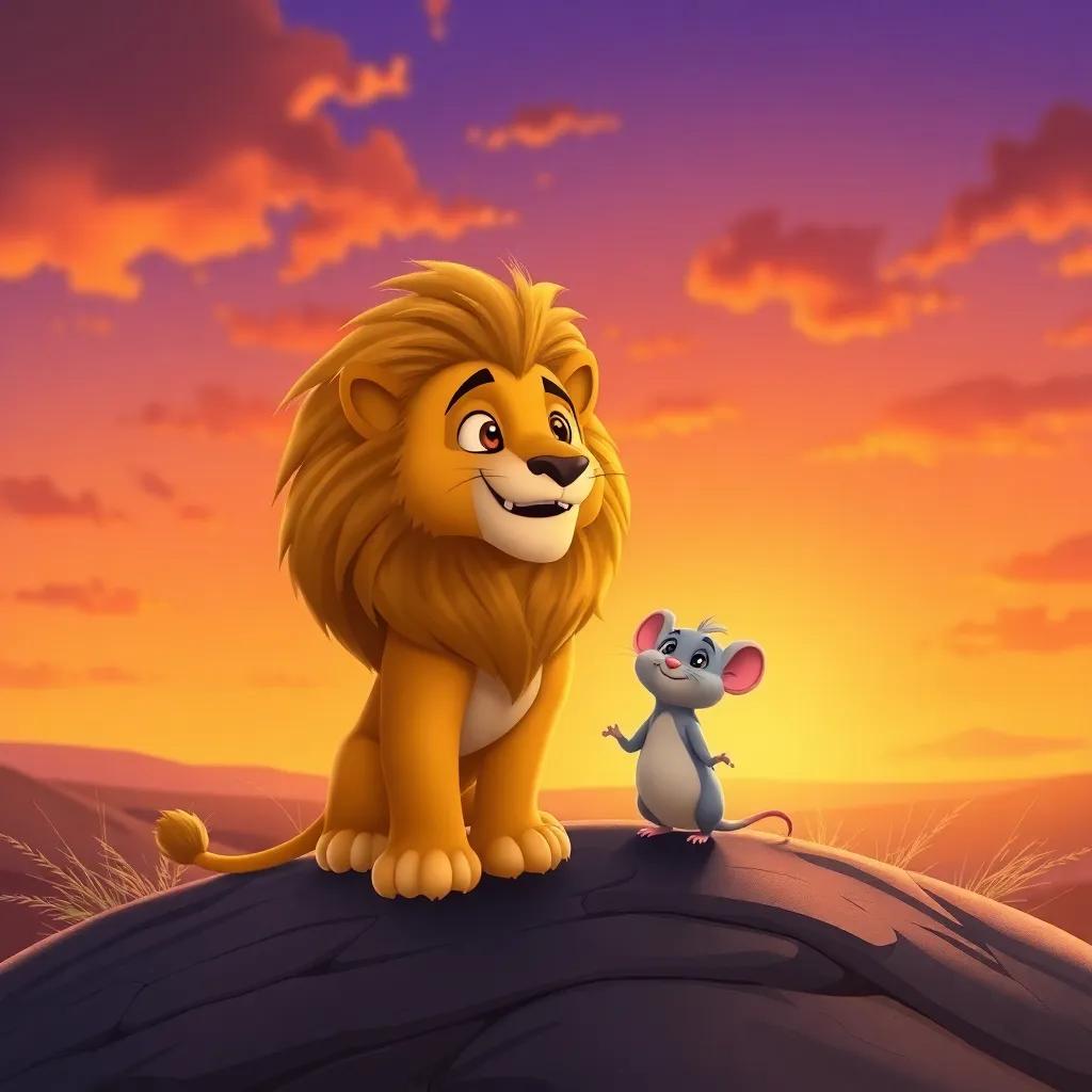 The lion with its golden mane and the tiny mouse standing proudly together on a hilltop during sunset, an orange and purple sky, emphasizing their friendship, joyful, colorful, child-friendly art, high quality
