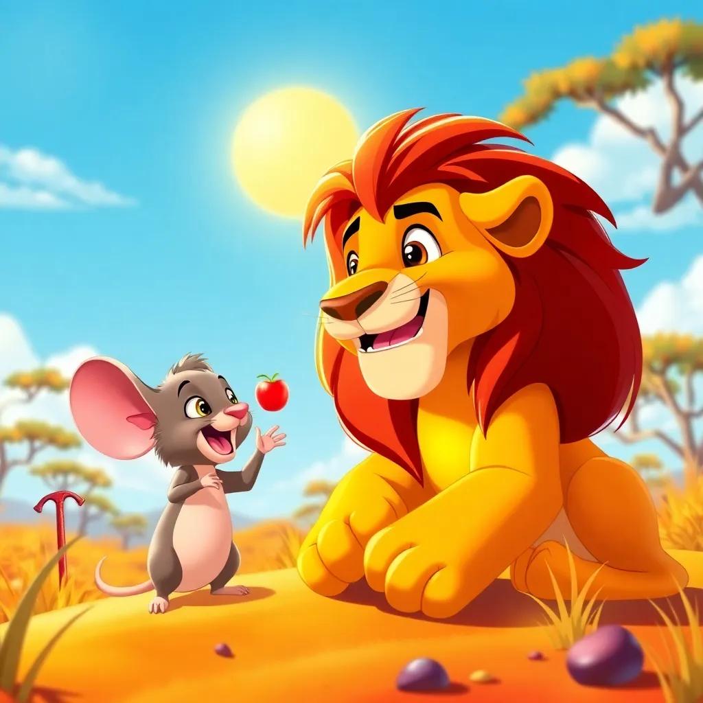 A montage of the lion and mouse on adventures, playing in the sun, sharing fruit, and exploring the savannah, depicted in a cheerful, vibrant scene, emphasizing their bond, bright and colorful, lively atmosphere