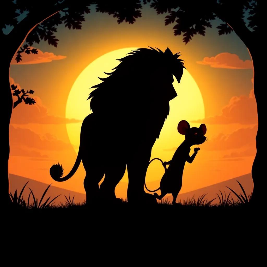 The lion and the mouse happily returning home together, their silhouettes against a setting sun, conveying friendship and warmth, rich colors, heartwarming imagery, storybook style