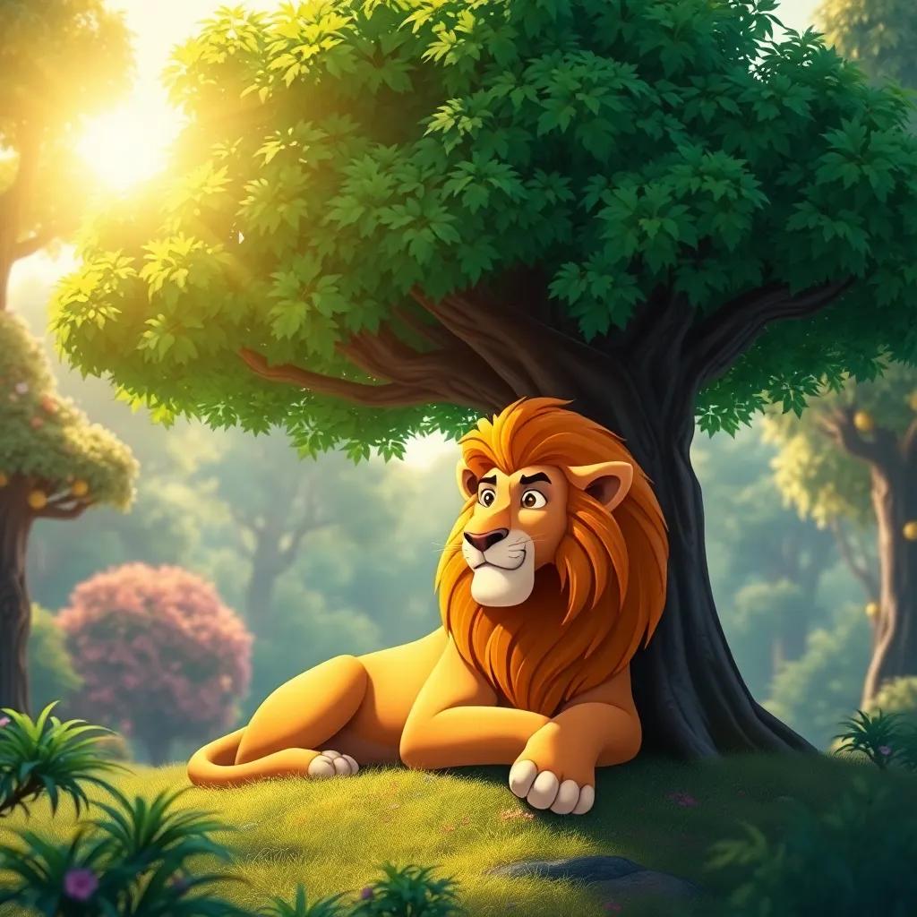 A mighty lion resting under a big green tree, golden mane shining in the sun, surrounded by vibrant forest colors, digital art, bright and cheerful, warm light