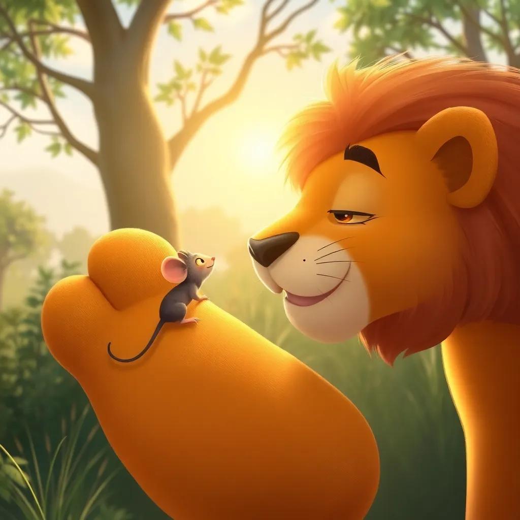 A tiny mouse looking at the lion's big paw, climbing onto it, the sun shining through the trees, cute and friendly, whimsical style