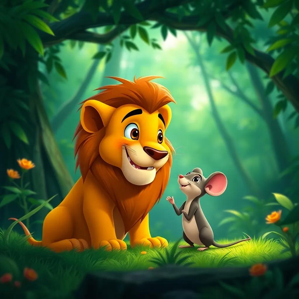The lion talking to the mouse, the mouse squeaking up at him, with a smile, showing their friendship in the green forest, bright and engaging