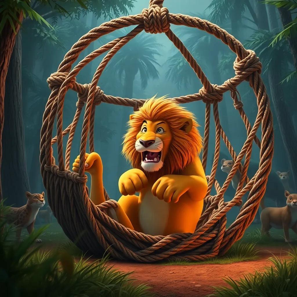 A big trap with the lion struggling inside, ropes tangled around him, all the forest animals watching from a distance, dramatic and intense scene