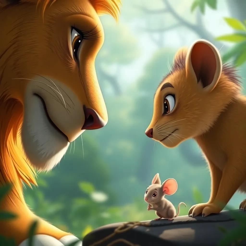 Close-up of the lion looking in awe at the tiny mouse, who is working hard, detailed digital art showcasing their friendship, a bright forest backdrop