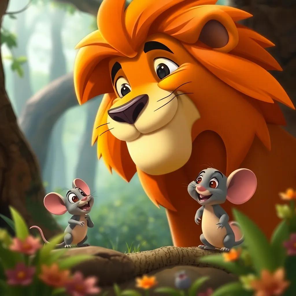 The lion free from the trap, looking joyful, with the mouse beside him, both of them smiling, a beautiful forest scene, uplifting and cheerful