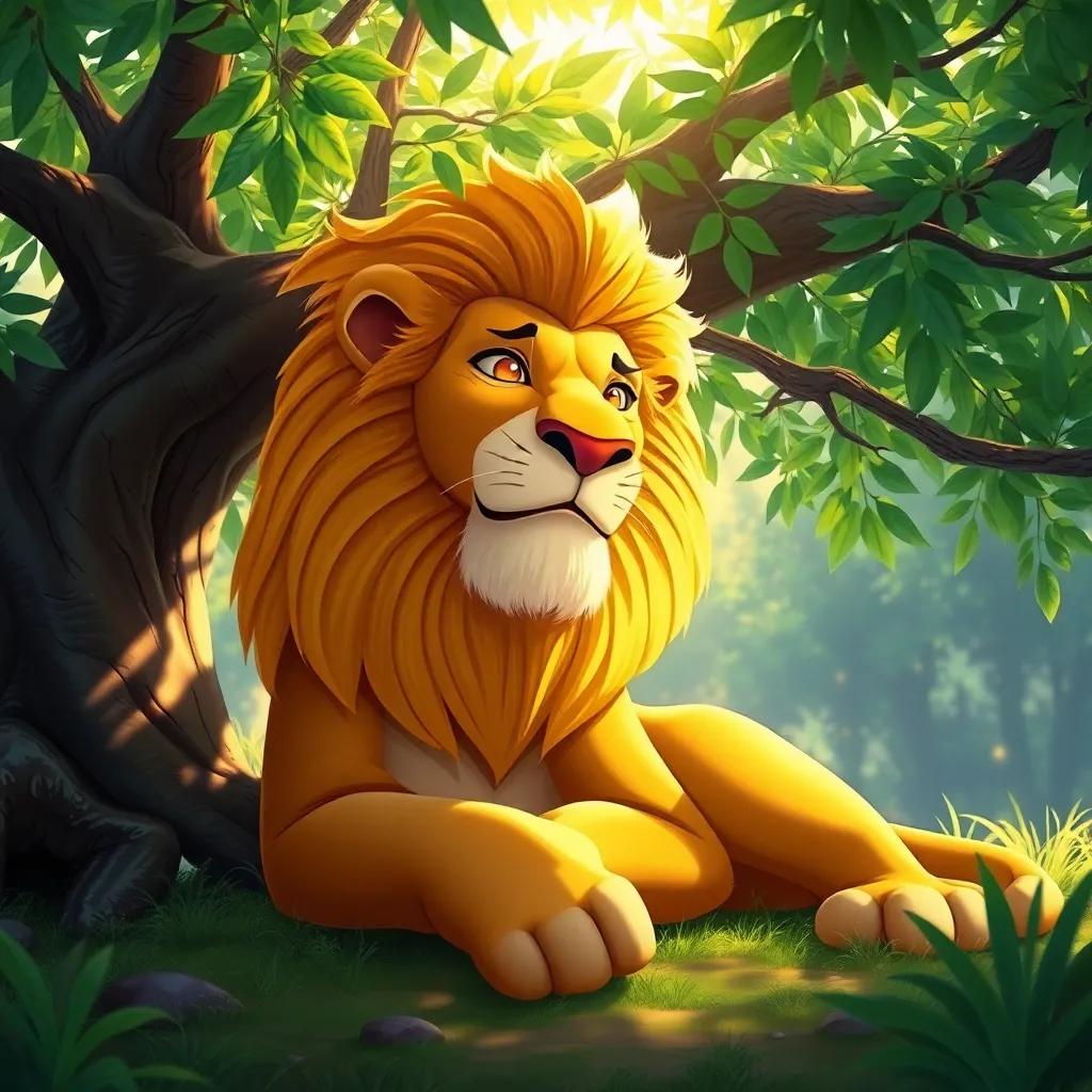 A mighty lion named Leo with a golden mane, lounging under a green jungle tree, sunlight filtering through leaves, vibrant colors, peaceful scene, digital art