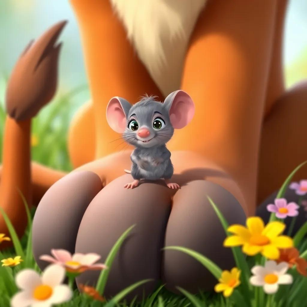 A scared tiny mouse named Max, with a small gray body, standing nervously on Leo's big paw, surrounded by lush green grass and bright flowers, cartoon style, playful composition, colorful
