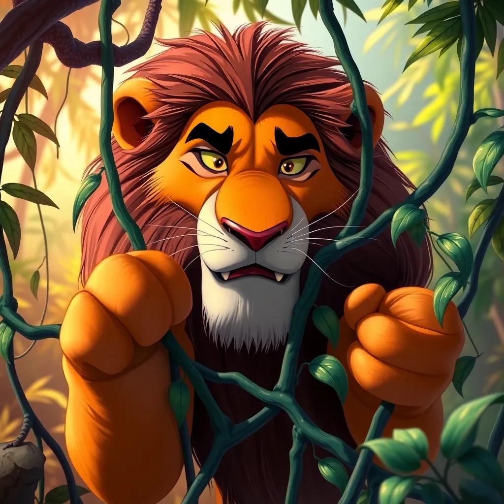 A big lion, Leo, trying to pull his paw free from thick vines, with an expression of frustration, bright jungle background, detailed, dramatic scene, colorful