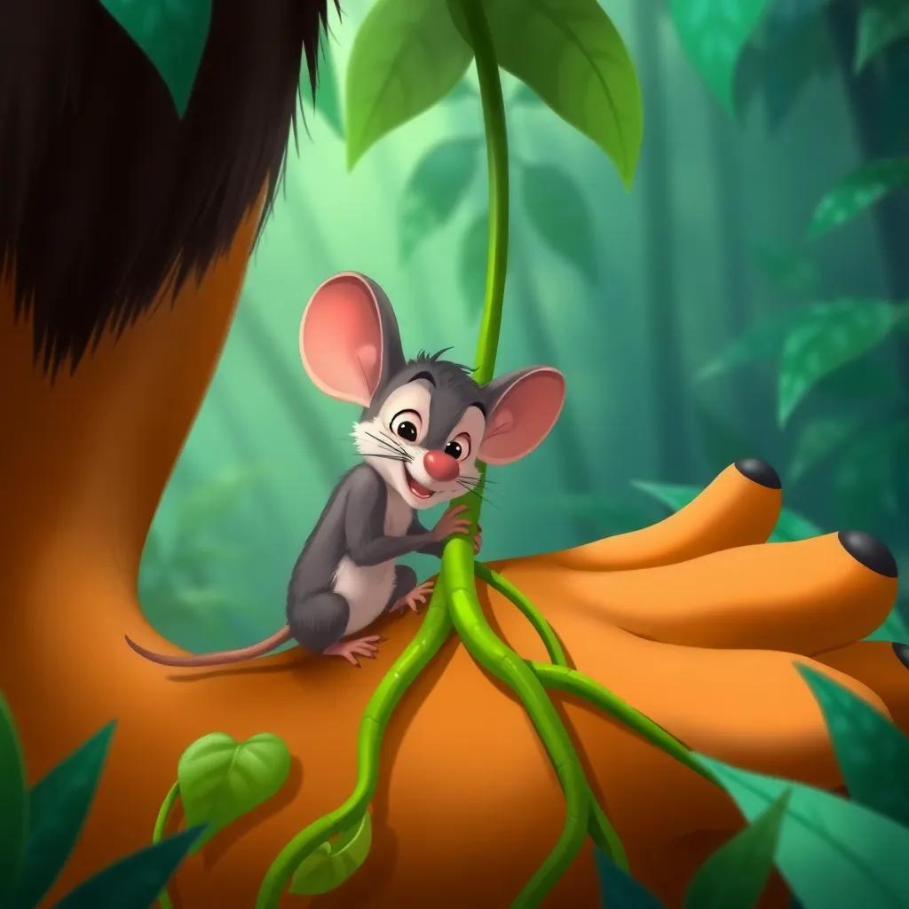 A determined tiny mouse, Max, nibbling on the thick vines that are stuck around Leo’s paw, showing teamwork, jungle setting, vibrant, focused illustration, cheerful