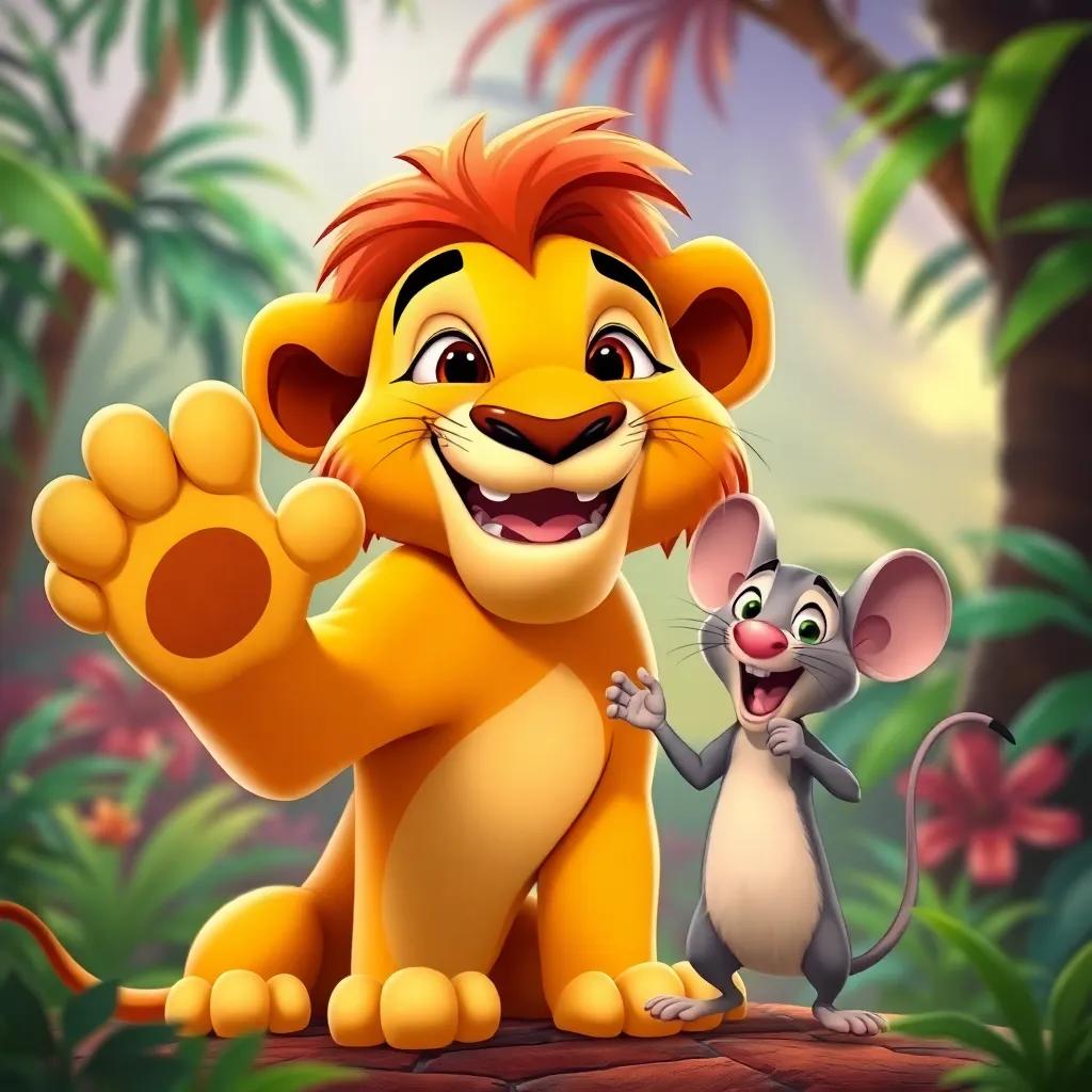 A joyful Leo the lion smiling with his paw free, and Max the mouse cheering beside him, colorful jungle background, celebrating friendship, fun and bright atmosphere, cheerful digital art