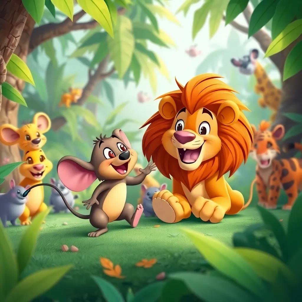 Max the mouse and Leo the lion playing together in the jungle, surrounded by happy animals, vibrant colors, cartoon style, joyful and lively