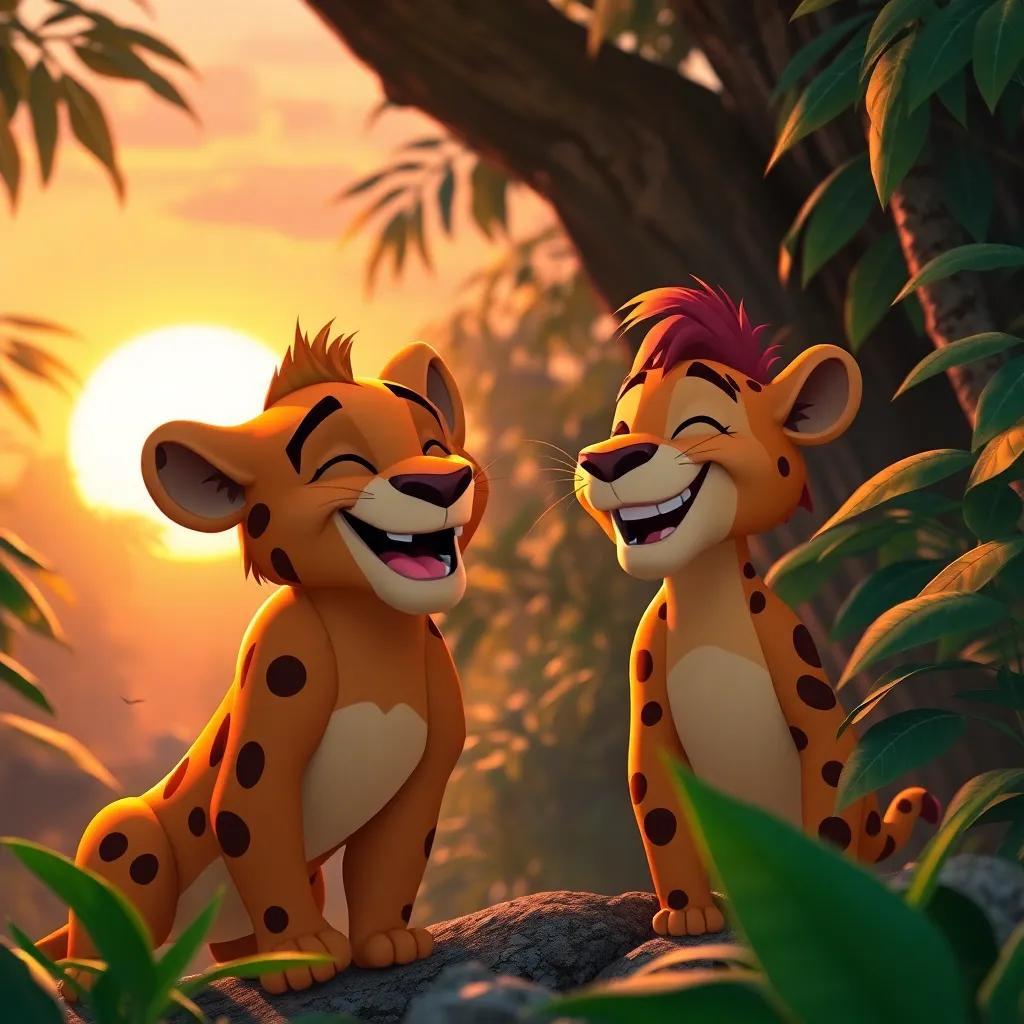 The best friends, Leo and Max, sharing a laugh while exploring the jungle, with the sun setting in the background, warm colors, playful atmosphere, digital art