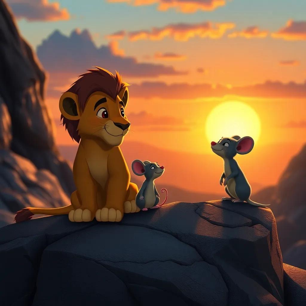 Leo, the lion, and Max, the mouse, sitting together on a rocks at sunset, reflecting on their friendship, golden light, serene and heartwarming scene, detailed illustration