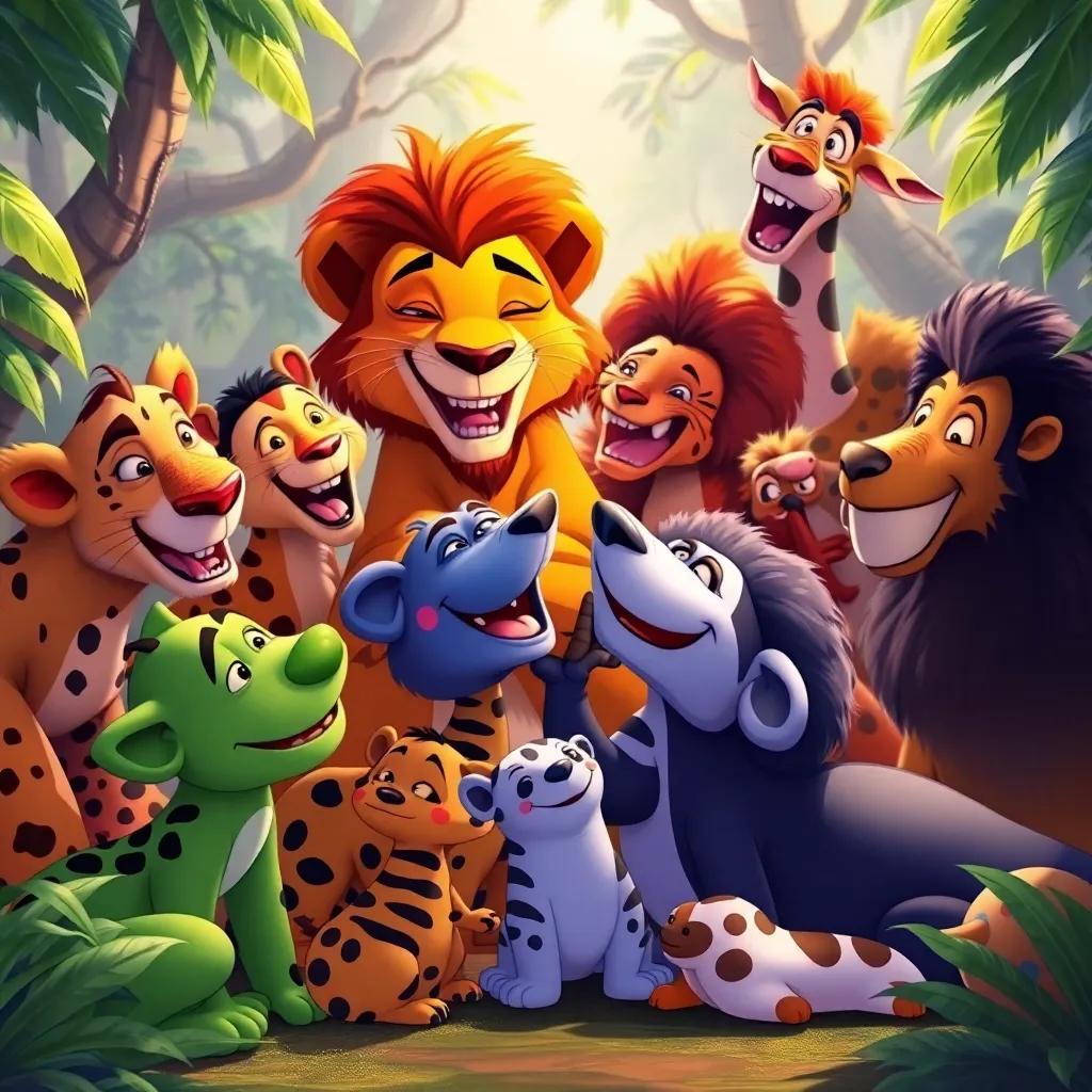 The jungle animals gathered around Leo and Max, celebrating their friendship, with laughter and joy filling the air, colorful animals, harmonious scene, lively illustration