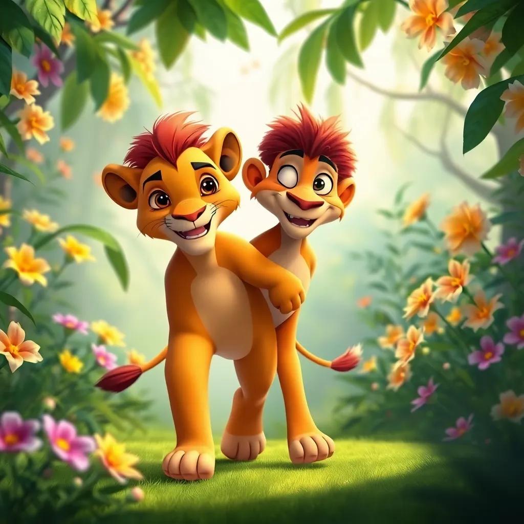 A final scene of Leo and Max walking together in the jungle, side by side, with bright flowers blooming all around, bright and cheerful colors, heartwarming conclusion, digital painting