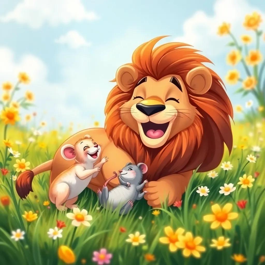 A joyful lion, Leo, playing with a tiny mouse in a sunny meadow, full of flowers, both laughing and rolling on the grass, illustration, bright colors, joyful spirit, high quality