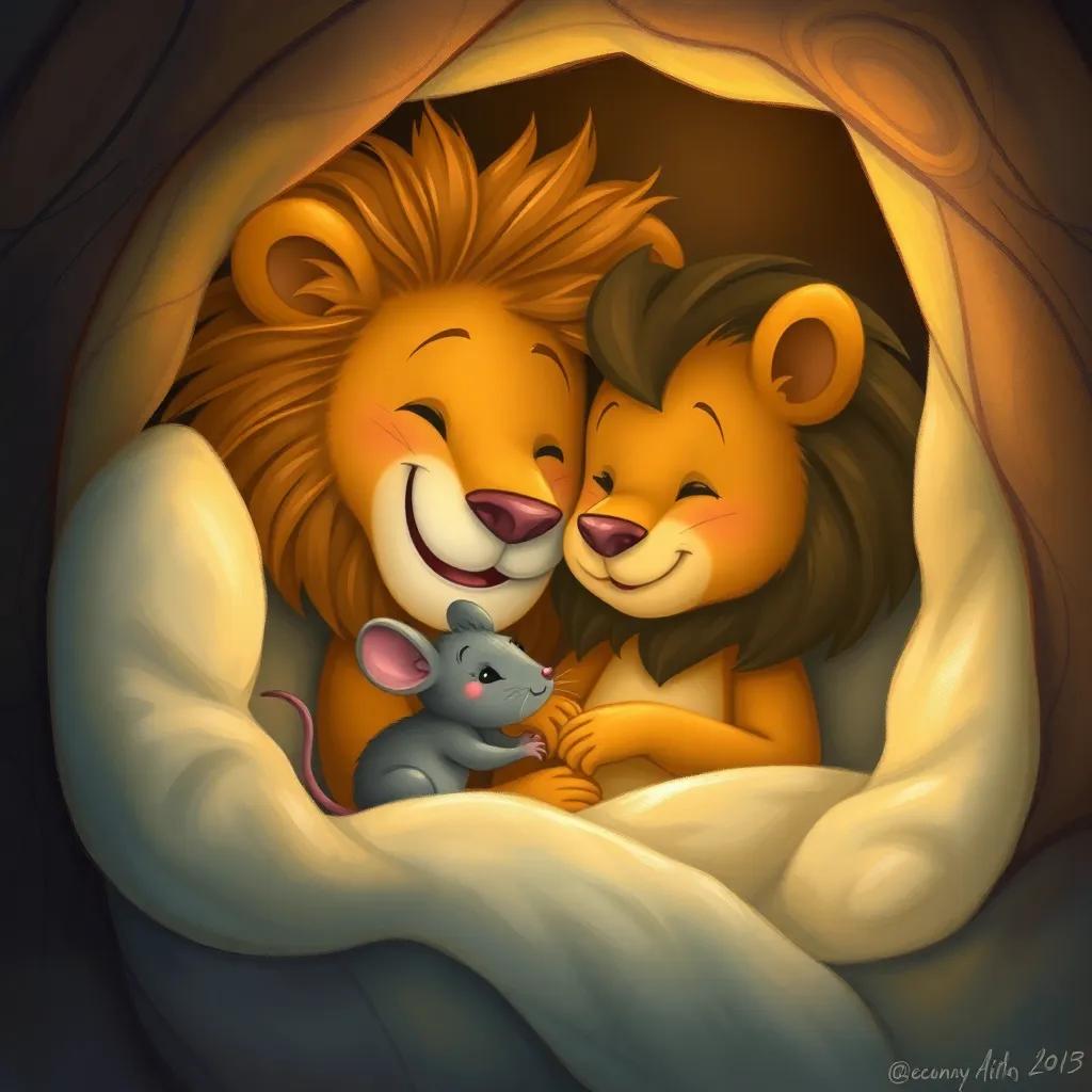 A lion and a mouse cuddled up together in a snug bed, smiling at each other, warm morning light filtering through the den, illustration, heartwarming, cozy feel, high quality