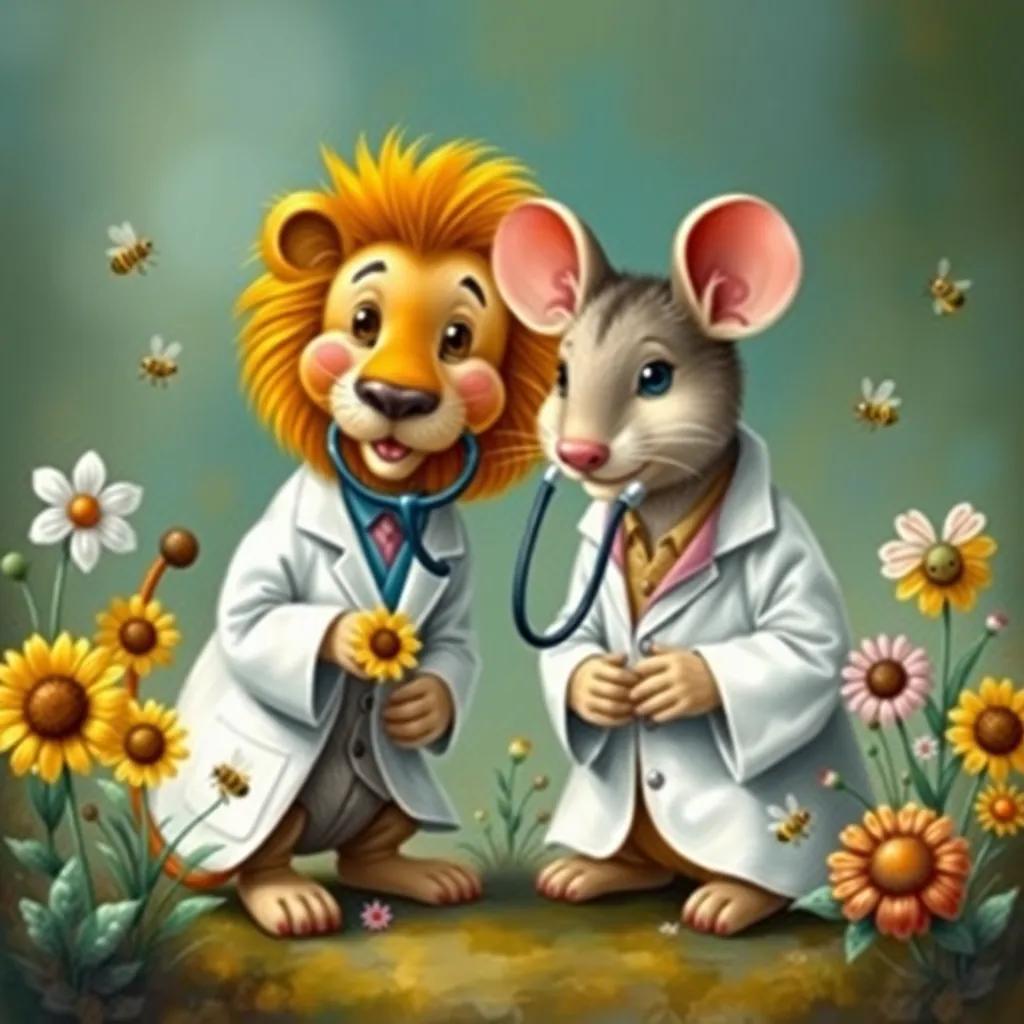 The lion and the mouse dressed as doctors, using a stethoscope to listen to flowers and bees, educational scene, colorful, cute, whimsical style, high quality