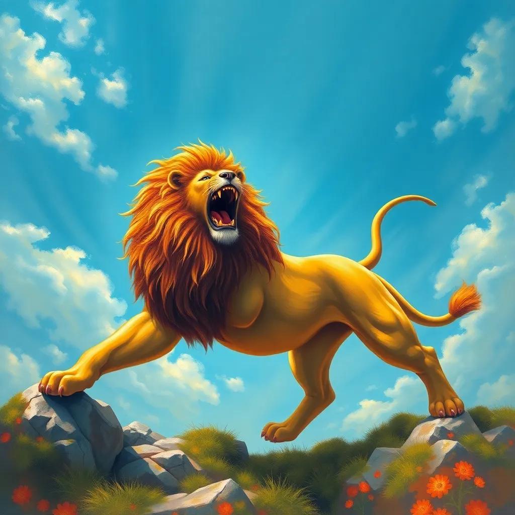 Leo the lion stretching with a roar, under a bright blue sky, bursting with energy, ready to explore, adventure feeling, vibrant colors, dynamic composition, high quality