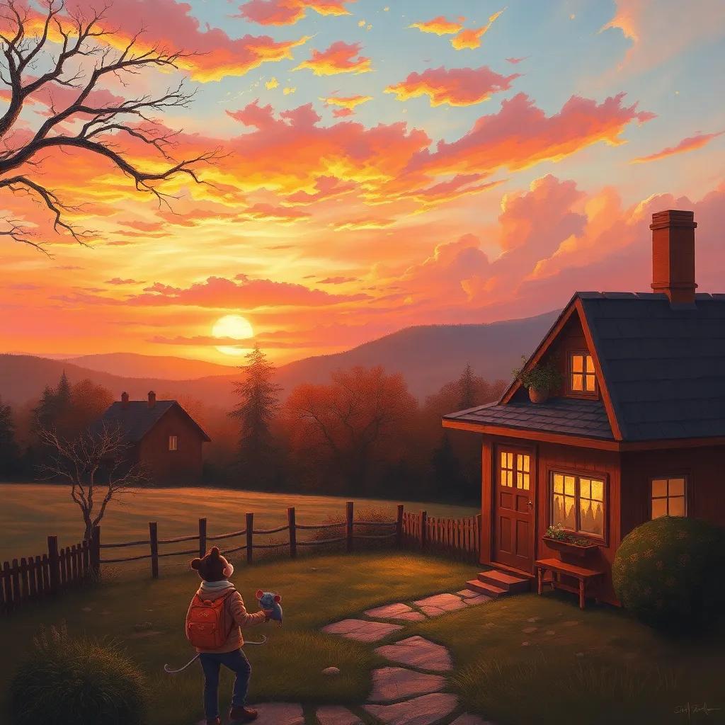 A sunset scene with Leo and the mouse returning home, the sky painted with orange and pink hues, a heartwarming view, cozy atmosphere, beautiful colors, high quality