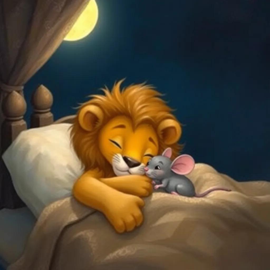 Leo the lion and the mouse cuddling in their bed at night, soft moonlight illuminating their faces, a sense of friendship, peaceful scene, gentle colors, high quality