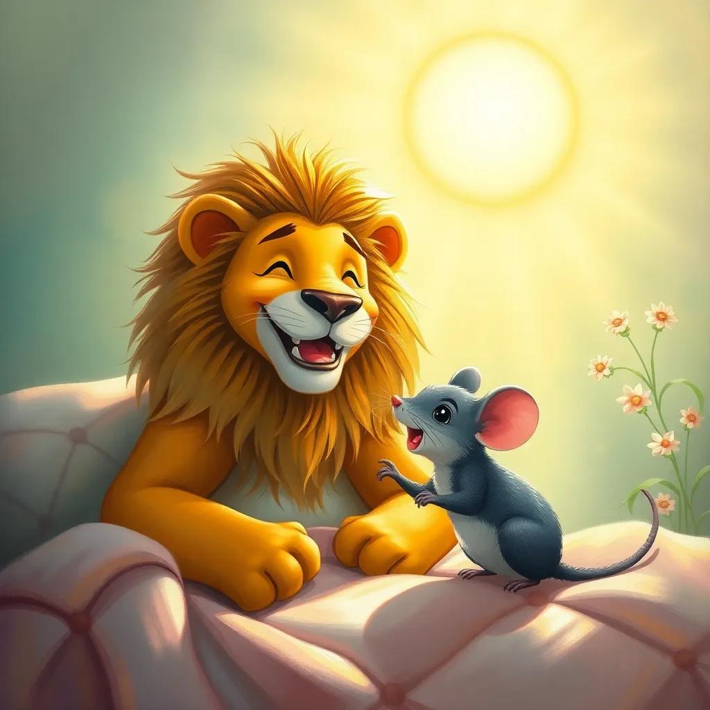 The lion and the mouse waking up in a bright morning with a sunny glow, sharing smiles and laughter, fresh start of a new day, cheerful vibe, light colors, high quality