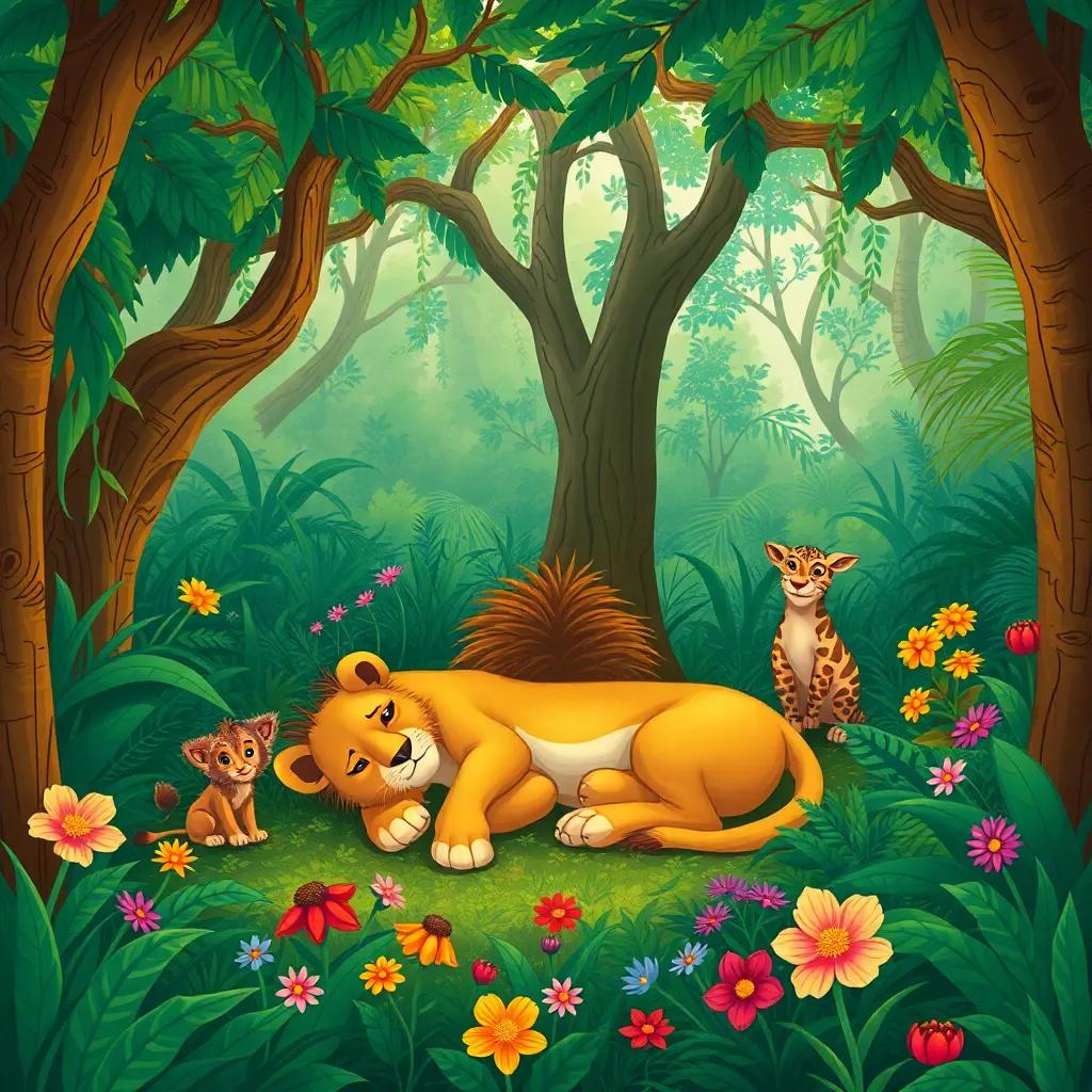 A lush green jungle filled with trees, animals gathered around a lying lion named Leo, looking sad and sick, with colorful flowers and plants surrounding, vibrant colors, daytime, cheerful atmosphere, illustration, warm lighting