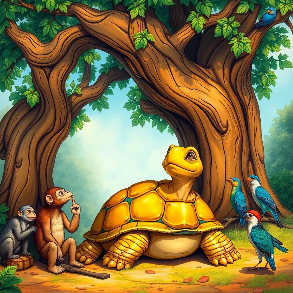 A wise old turtle, looking thoughtful, sitting under a large tree, with monkeys and birds around him discussing, detailed illustration, colorful, inviting, sunny day, friendly animals
