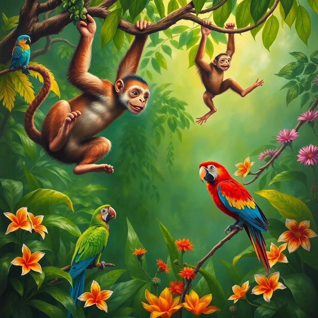 Monkeys swinging high and parrots flying low, searching for magical herbs and flowers in the jungle, intense greens and bright colors, adventure theme, high quality, cheerful