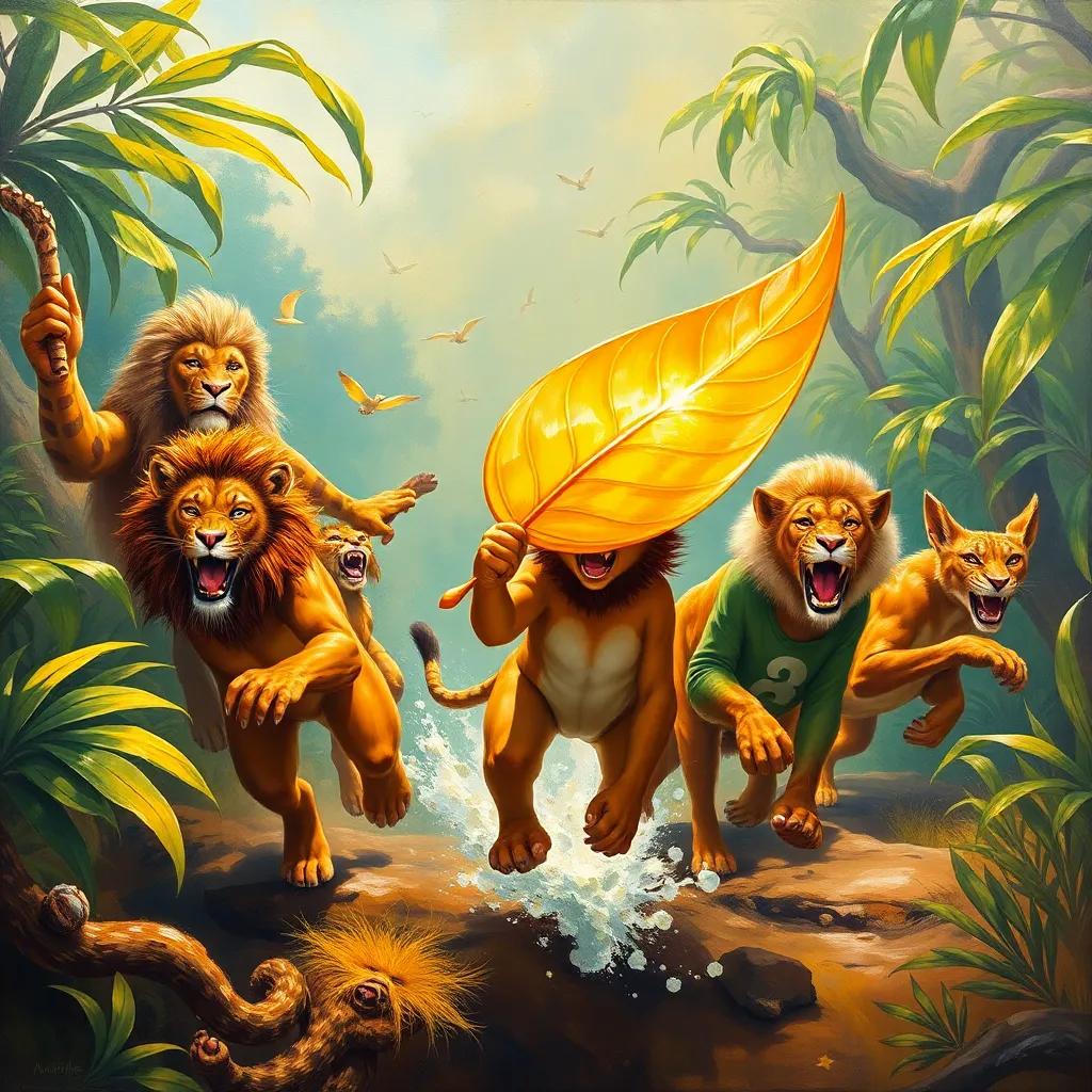 A group of jungle animals racing back to Leo, holding a shimmering golden leaf, energy and excitement in the air, bright colors, dynamic composition, joyful