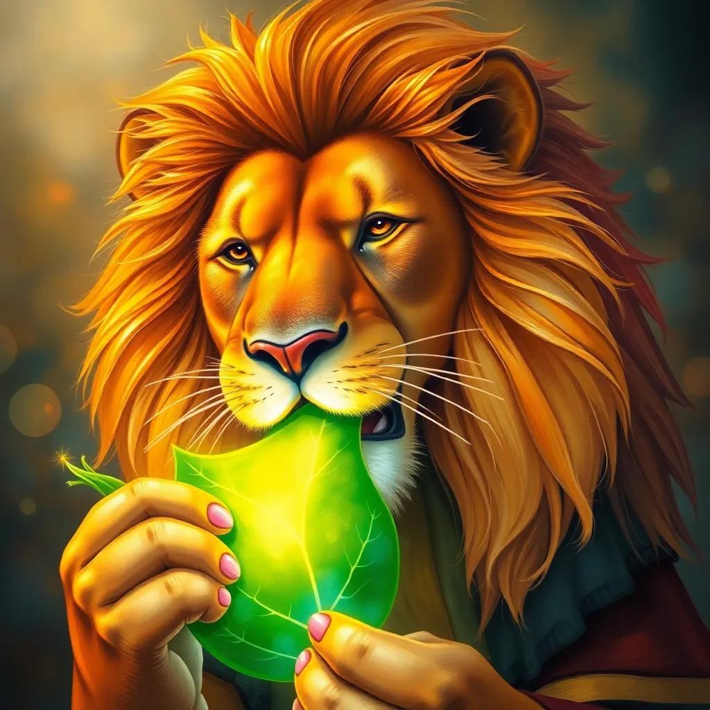 Leo the lion, looking grateful, eating the magical leaf with a brilliant glowing effect, bright light shining around him, joyful expression, color burst, heartwarming