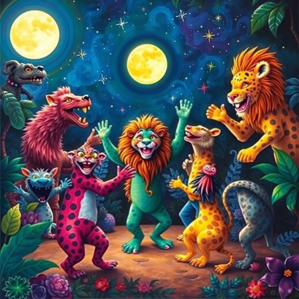 The jungle animals, dancing around Leo under the moonlight, joyful and happy faces with vibrant colors, celebration atmosphere, night sky filled with stars, magical