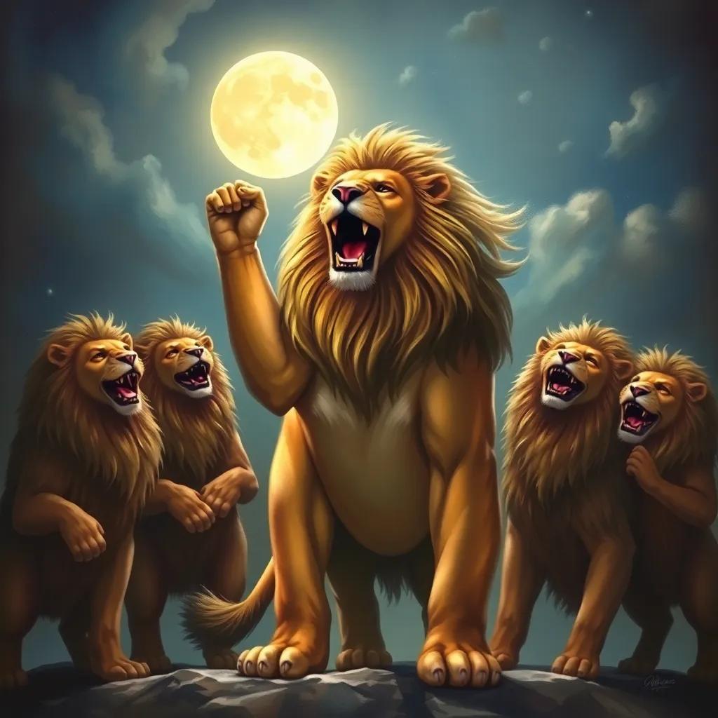 Leo the lion standing proud and strong, roaring under the moonlight, surrounded by his joyful friends, proud pose, bright moon shining, soft light, heartfelt