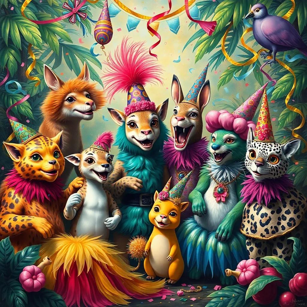 Animals in colorful outfits and costumes joyfully celebrating in the jungle, magical decorations, confetti and streamers, bright colors, festive atmosphere, fun