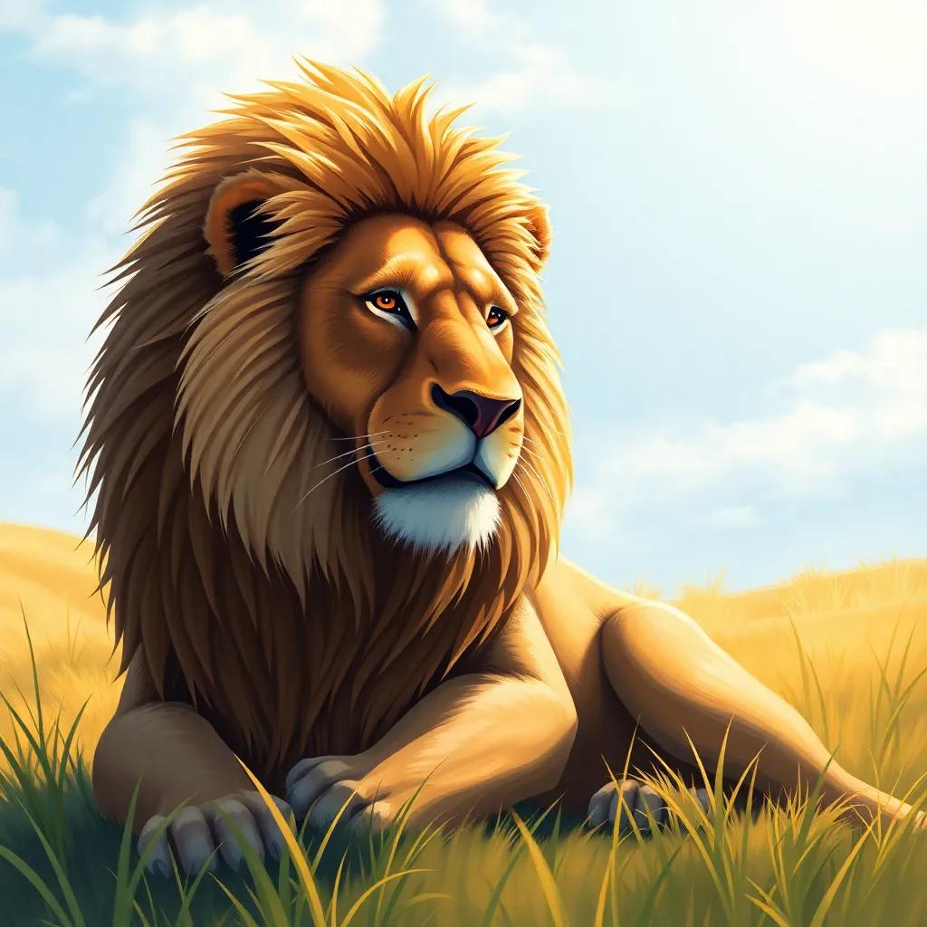 A majestic lion with a golden mane, sitting in a sunny grassland, looking weak and sad, with a bright blue sky overhead, detailed digital art, cheerful colors, warm atmosphere, high quality