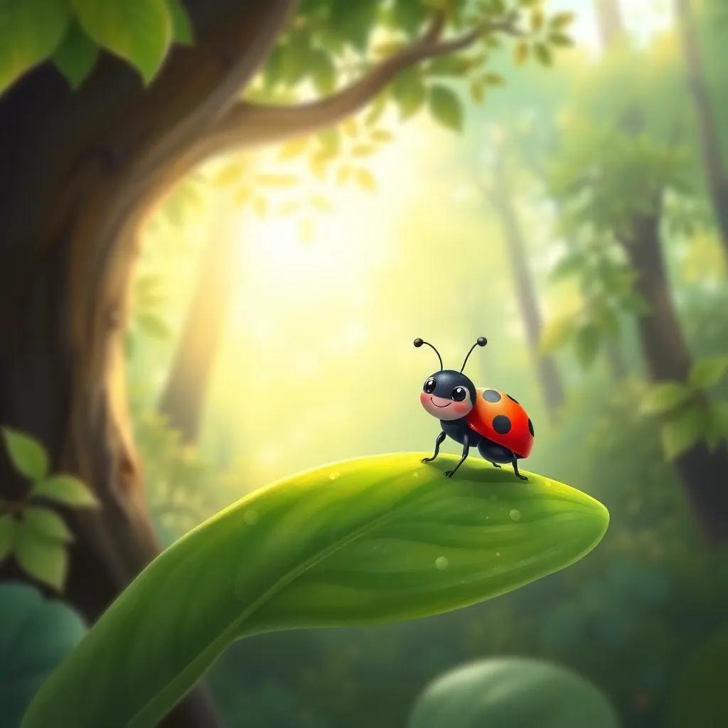 A small, bright ladybug with red wings and black spots, standing on a green leaf, smiling gently, with a sunlit forest in the background, illustration, vibrant colors, friendly atmosphere, high quality